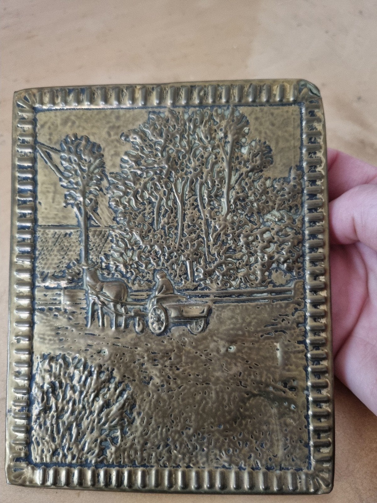 Antieke koperen plaquette met landelijk tafereel, Ophalen of Verzenden