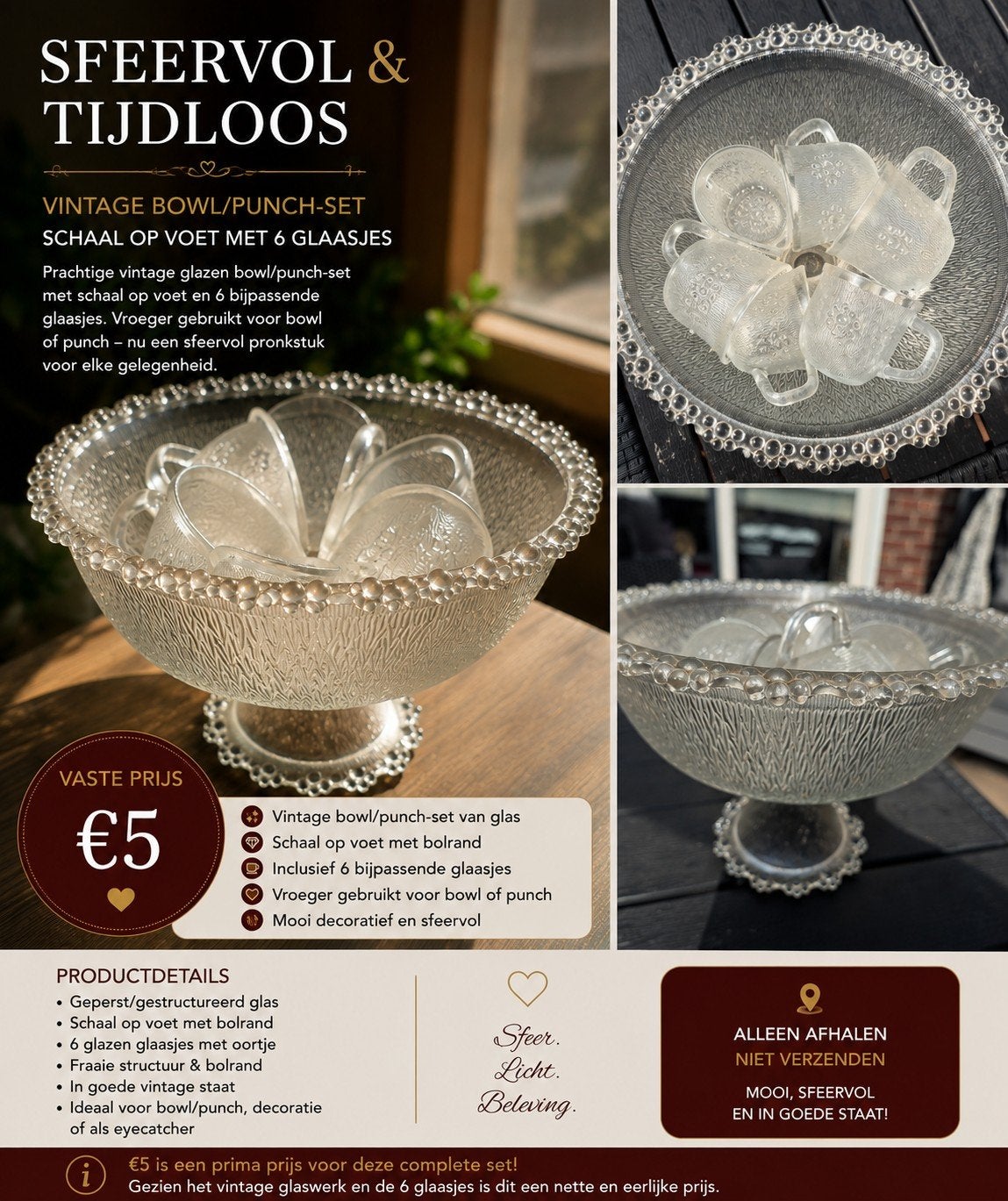 Vintage Glazen Punch Bowl Set met 6 Kopjes, Antiek en Kunst, Antiek | Glas en Kristal, Ophalen