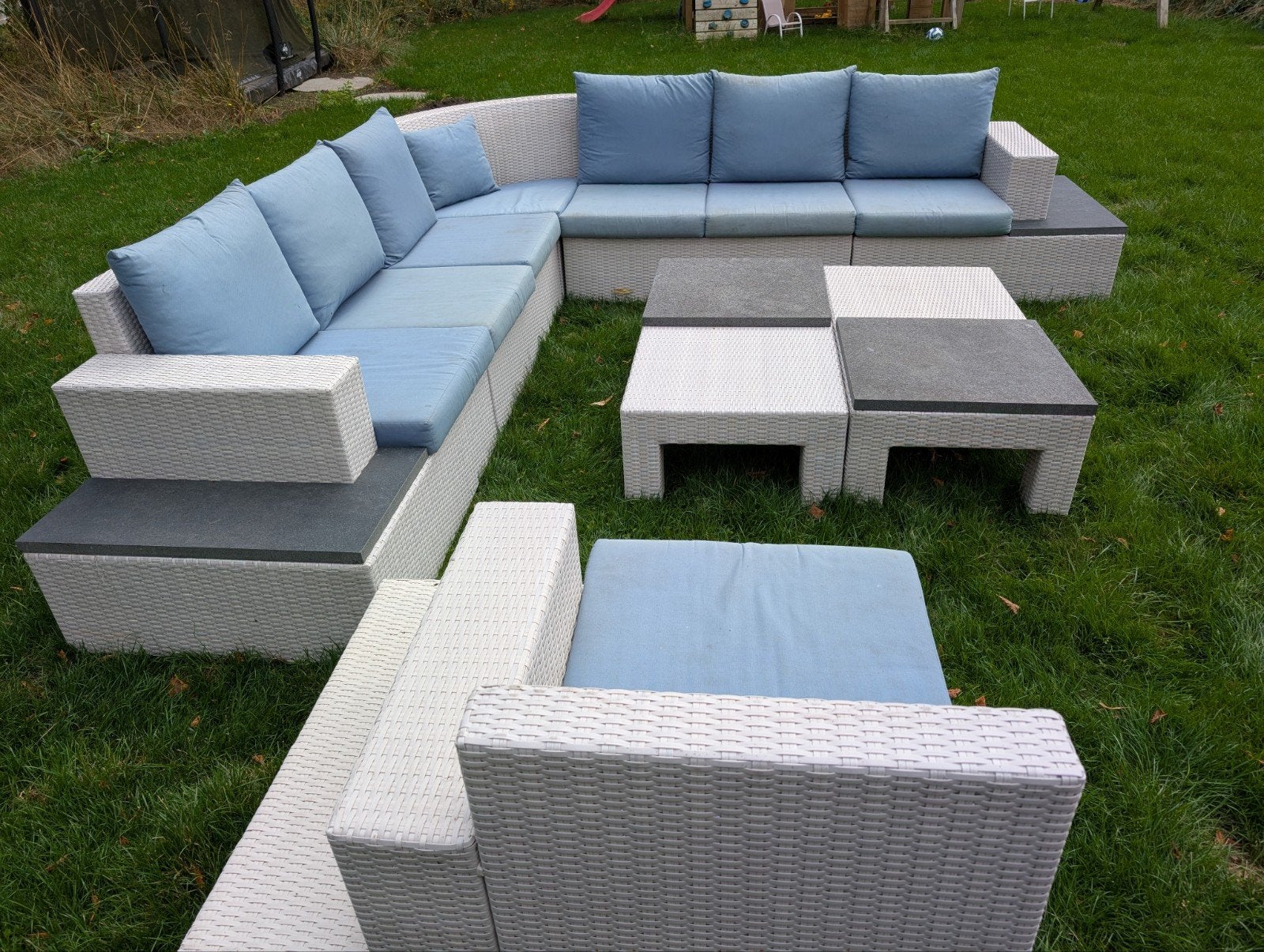 Luxe modulaire  Wicker Loungeset met Blauwe Kussens, Ophalen, Meer dan 8 zitplaatsen, Zo goed als nieuw, Loungeset