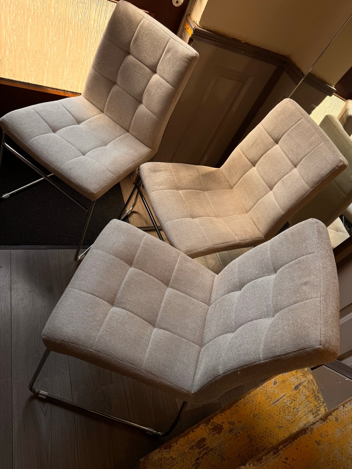 5 Leenbakker eetkamerstoelen beige/grijs, Ophalen, Gebruikt, Overige kleuren, Stof