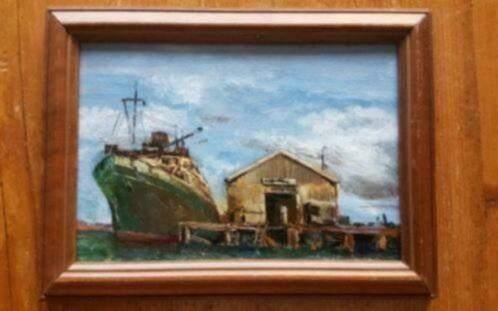 Olieverf vrachtschip aan kade met loods vissersboot., Ophalen