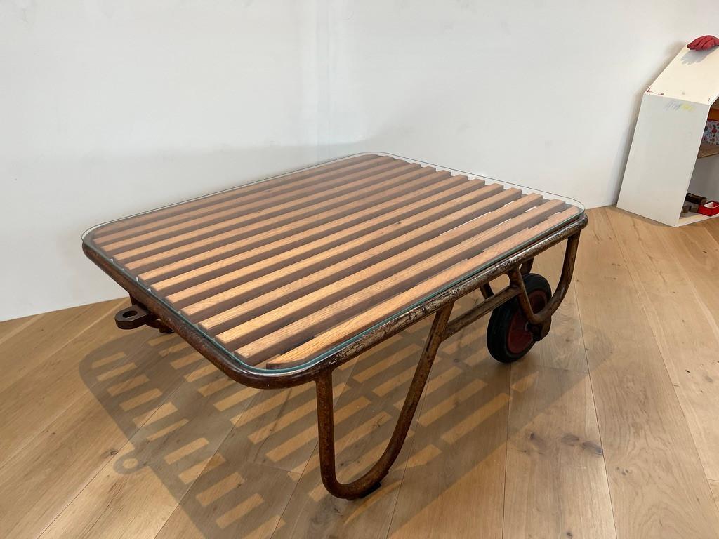 Vintage Salontafel Palletwagen - Industrieel - Met Glasplaat, Huis en Inrichting, Tafels | Salontafels, Gebruikt, Minder dan 50 cm