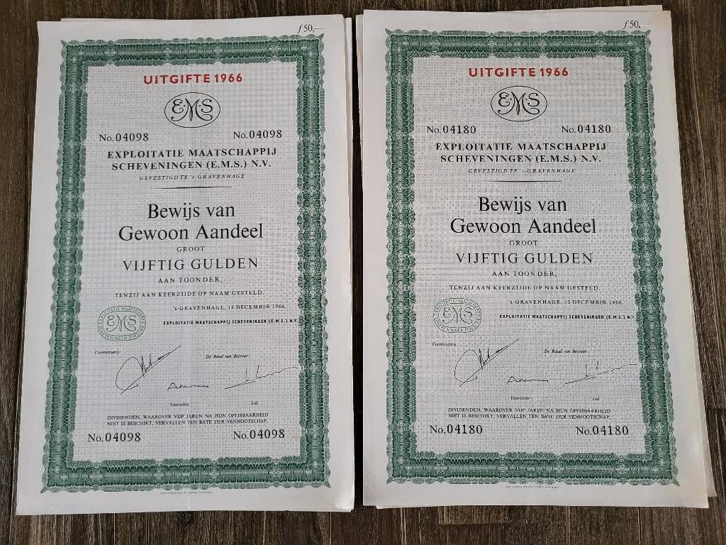 Exploitatie Maatschappij Scheveningen (EMS) NV een aandeel, Postzegels en Munten, Ophalen of Verzenden, 1950 tot 1970, Aandeel