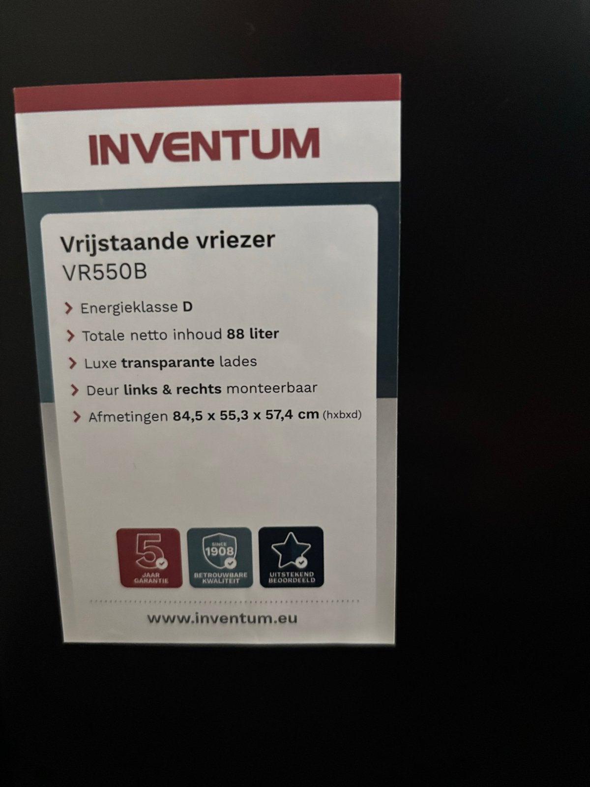 Inventum VR550B Vrijstaande Vrieskast - 88L, Energieklasse D, Nieuw, Minder dan 60 cm, Vrijstaand, Ophalen