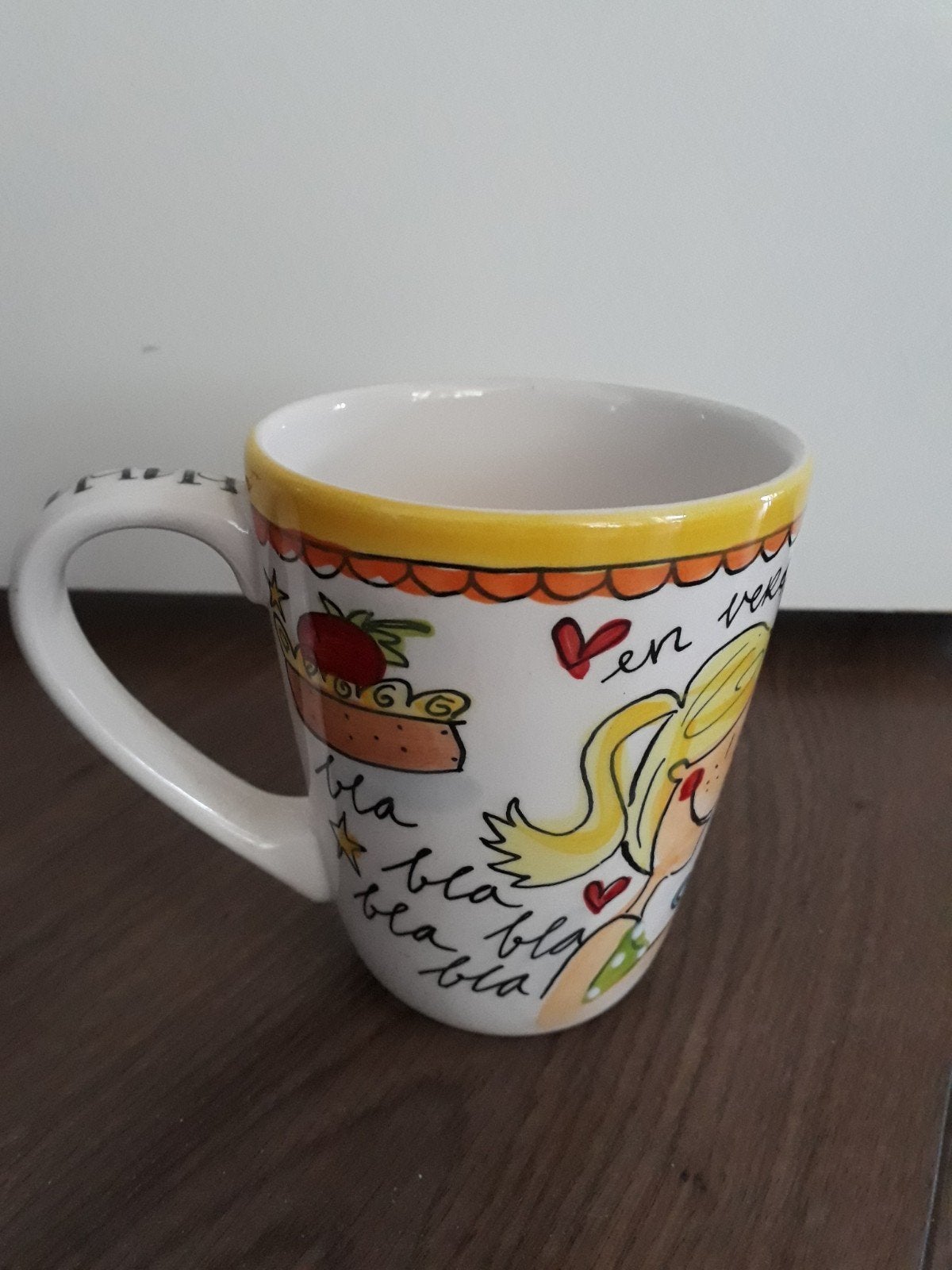 Mok Blond Amsterdam bla bla, Ophalen, Zo goed als nieuw, Aardewerk, Kop(pen) en/of Schotel(s)