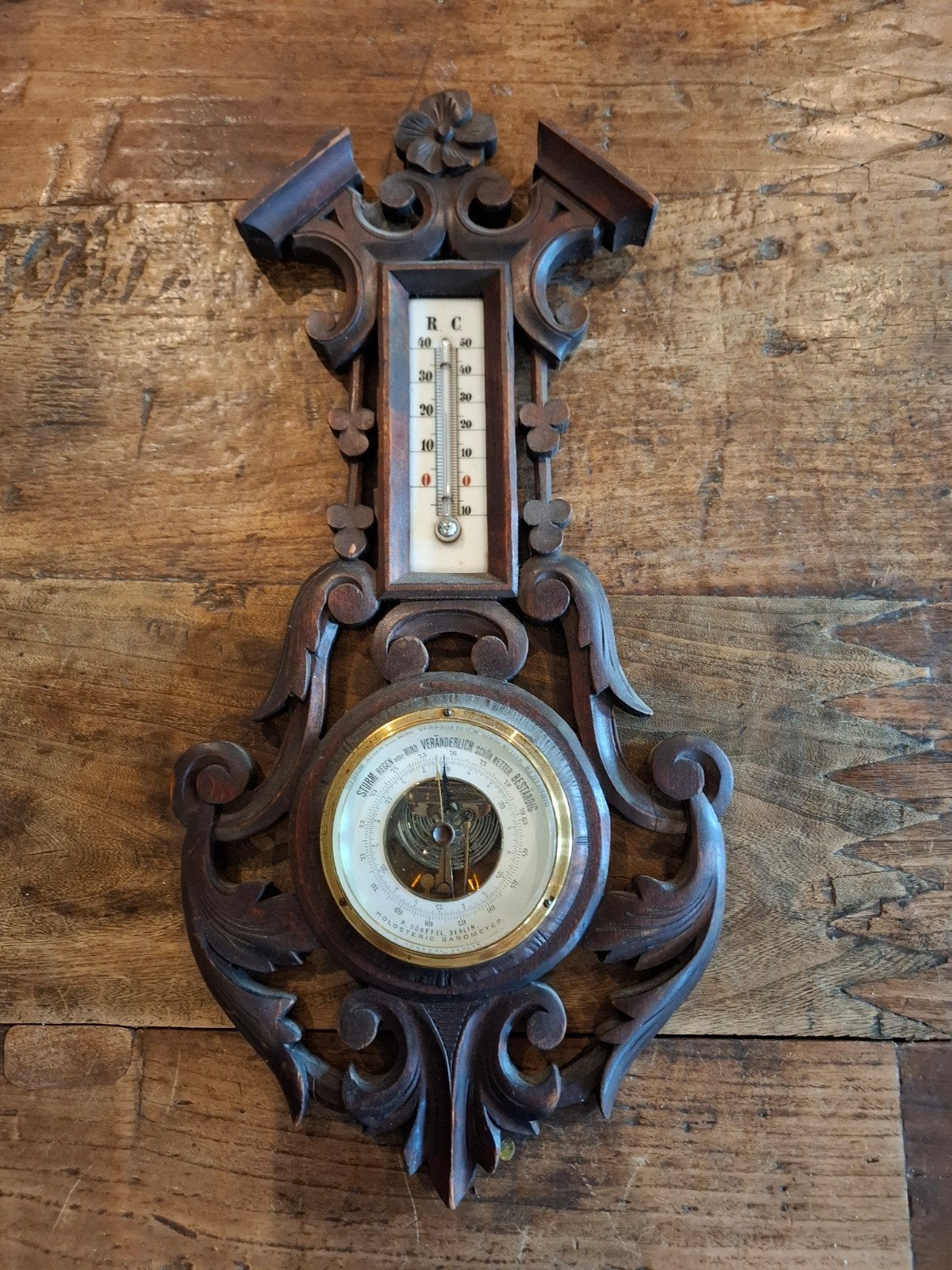 Antieke Barometer en Thermometer - Houtsnijwerk, Ophalen