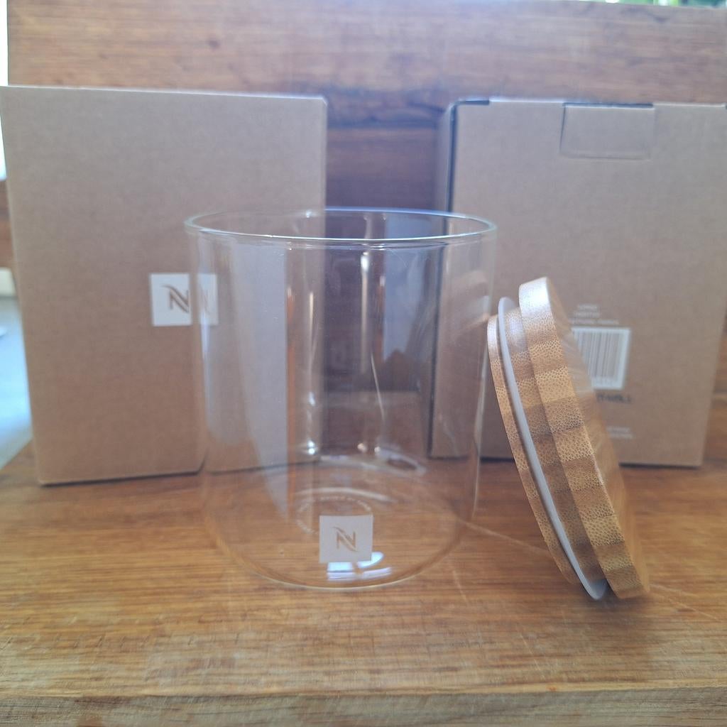 Nespresso capsule dispenser/voorraadpot (glas & bamboe) 2st., Nespresso, Nieuw, Ophalen of Verzenden, Capsulehouder