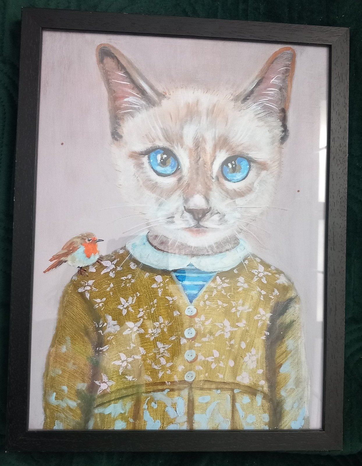 Prachtig Vintage Poezenschilderij met Roodborstje, Ophalen of Verzenden, Olieverf, Papier, Vintage