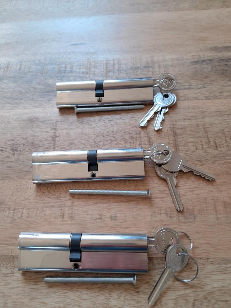 Drie BKS cilindersloten met sleutels, Ophalen, Zo goed als nieuw, Rvs, Slot