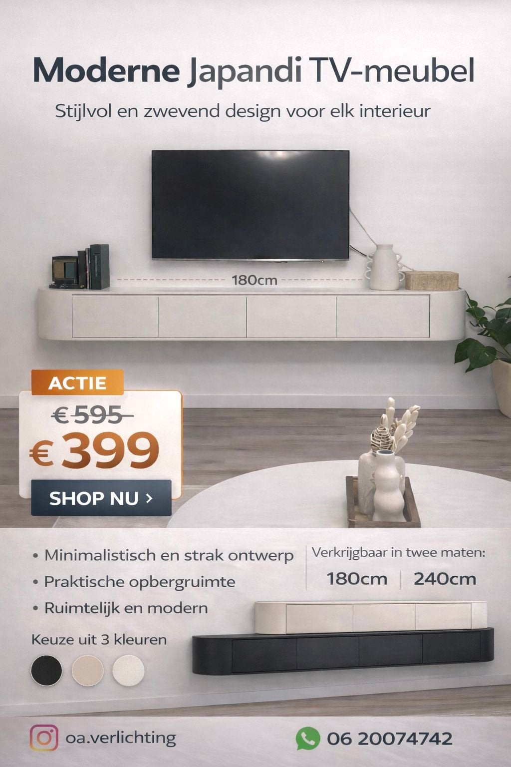 Japandi zweefkast - Creme, wit, zwart en bruin 180 en 240 cm, Huis en Inrichting, Nieuw, Ophalen of Verzenden, 200 cm of meer