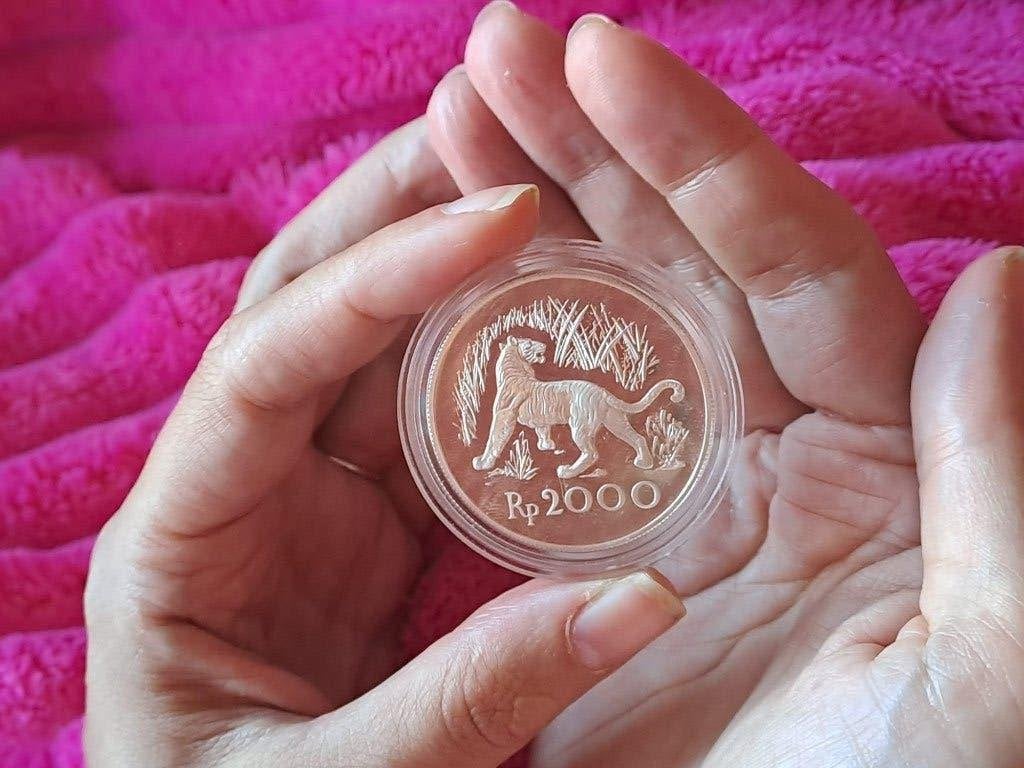 Indonesië 2000 Rupiah 1974 - Javaanse Tijger - Zilver Proof, Ophalen of Verzenden, Zuidoost-Azië, Losse munt, Zilver