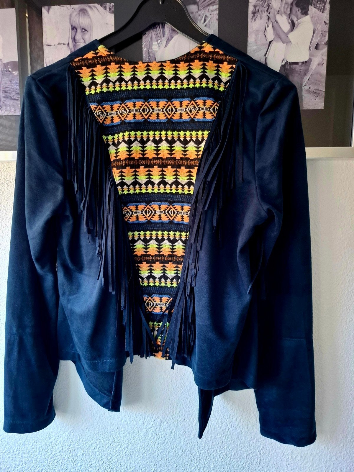 Fluwelen vintage jasje met franjes - Maat M, Blauw, Mystery Jane, Gedragen, Ophalen