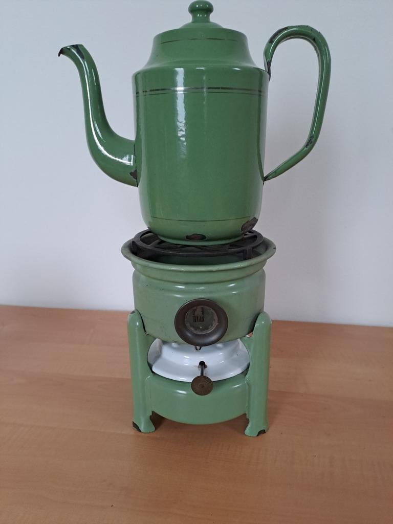 Vintage Groene Emaille Koffiepot met Spiritusbrander, Antiek en Kunst, Antiek | Emaille, Ophalen
