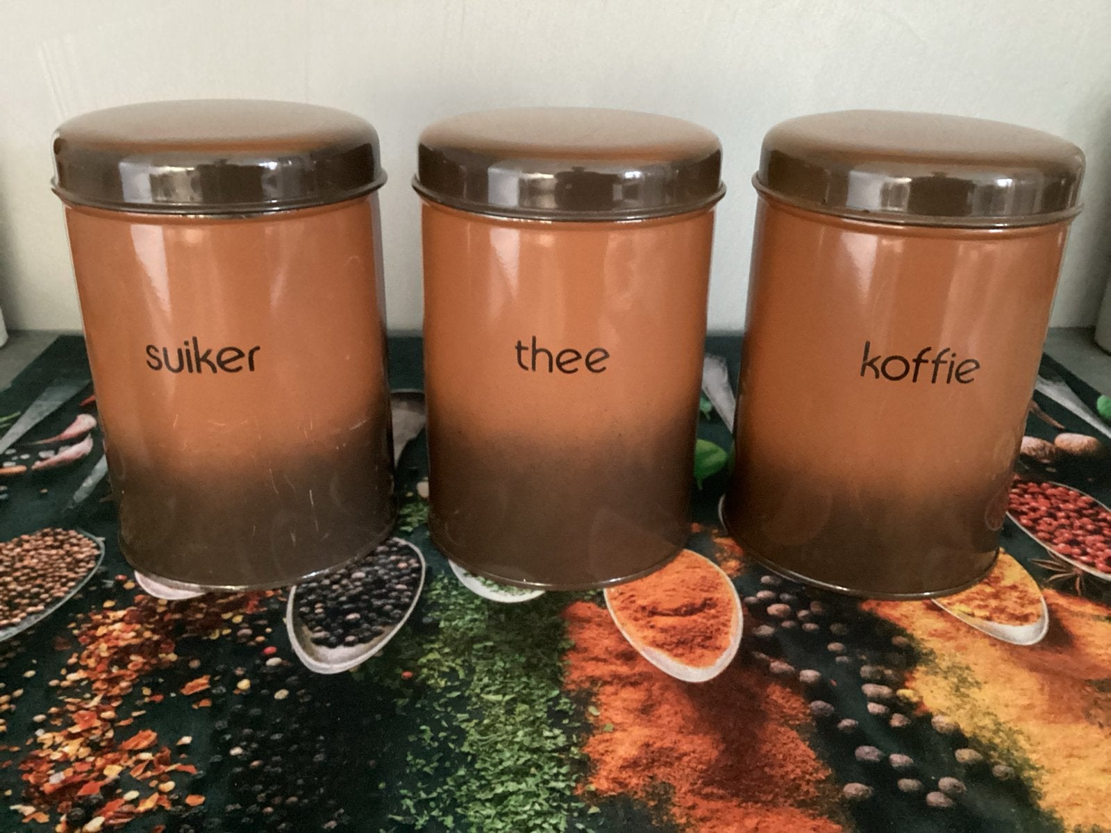 Vintage Brabantia blikken voor koffie, thee en suiker, Ophalen, Gebruikt, Voorraadpot, Metaal