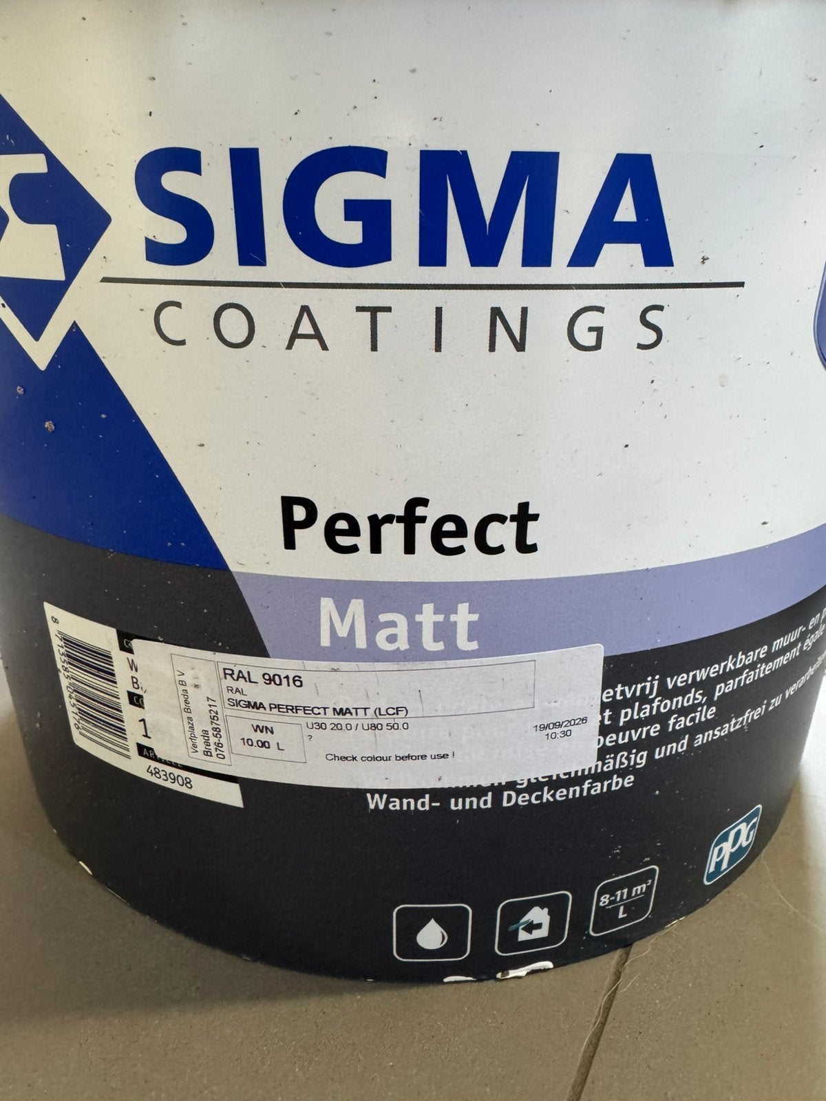 Sigma Perfect Matt RAL 9016 – 10 liter, Ophalen, Zo goed als nieuw, Wit