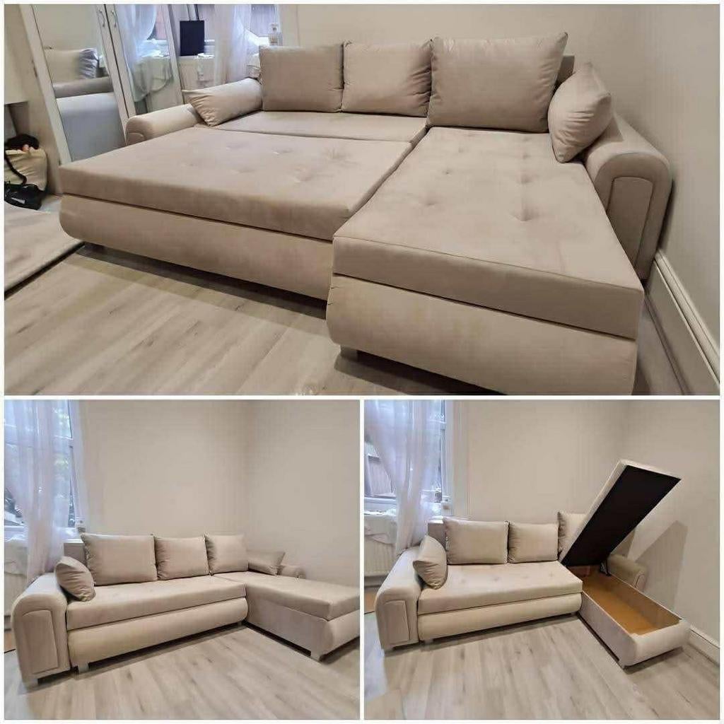 L-vormige slaapbank met opbergruimte - Beige, Huis en Inrichting, Ophalen, Zo goed als nieuw, Stof, Modern, Functioneel