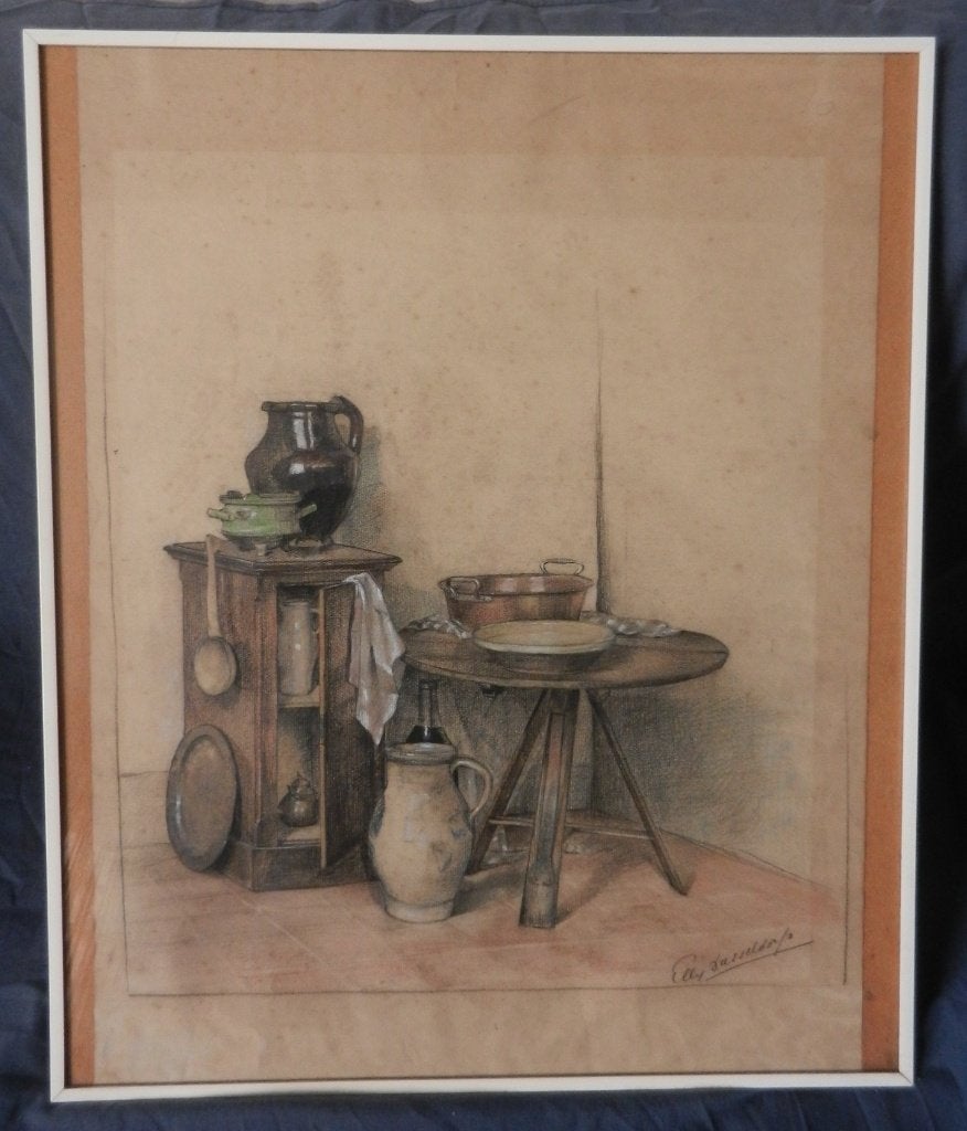 Krijttekening Interieurhoekje Elly (?) Dusseldorp 1890-1920, Ophalen of Verzenden