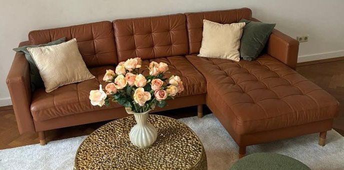 IKEA LANDSKRONA 3-zitsbank met chaise longue – cognac leer, Ophalen, Hoekbank, 300 cm of meer, Leer