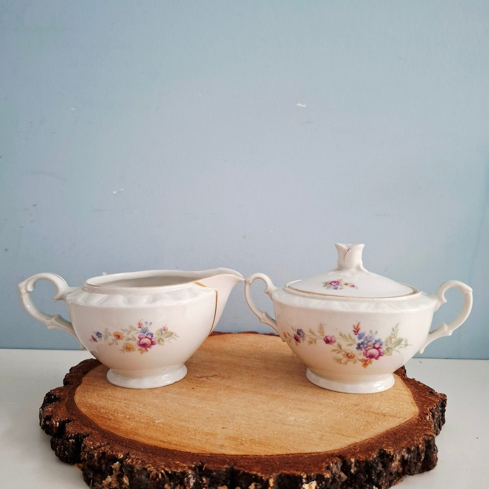 Vintage brocante roomstelletje met bloemmotief, Ophalen of Verzenden
