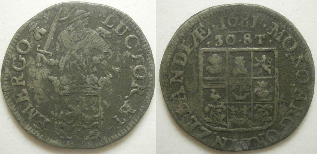 Zeeland Daalder van 30 Stuivers 1681 tin/lood, Vóór koninkrijk, Losse munt, 2½ gulden, Goud
