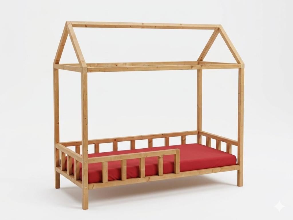 Handgemaakt houten bedhuisje / peuterbed 160x70 inclusief ma, 70 tot 85 cm, 140 tot 160 cm, Zo goed als nieuw, Ophalen