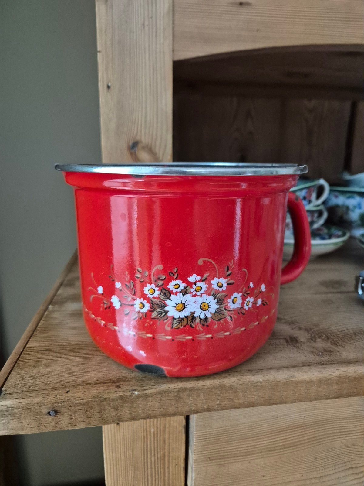 Vintage rode emaille pot met bloemmotief, Antiek en Kunst, Ophalen of Verzenden