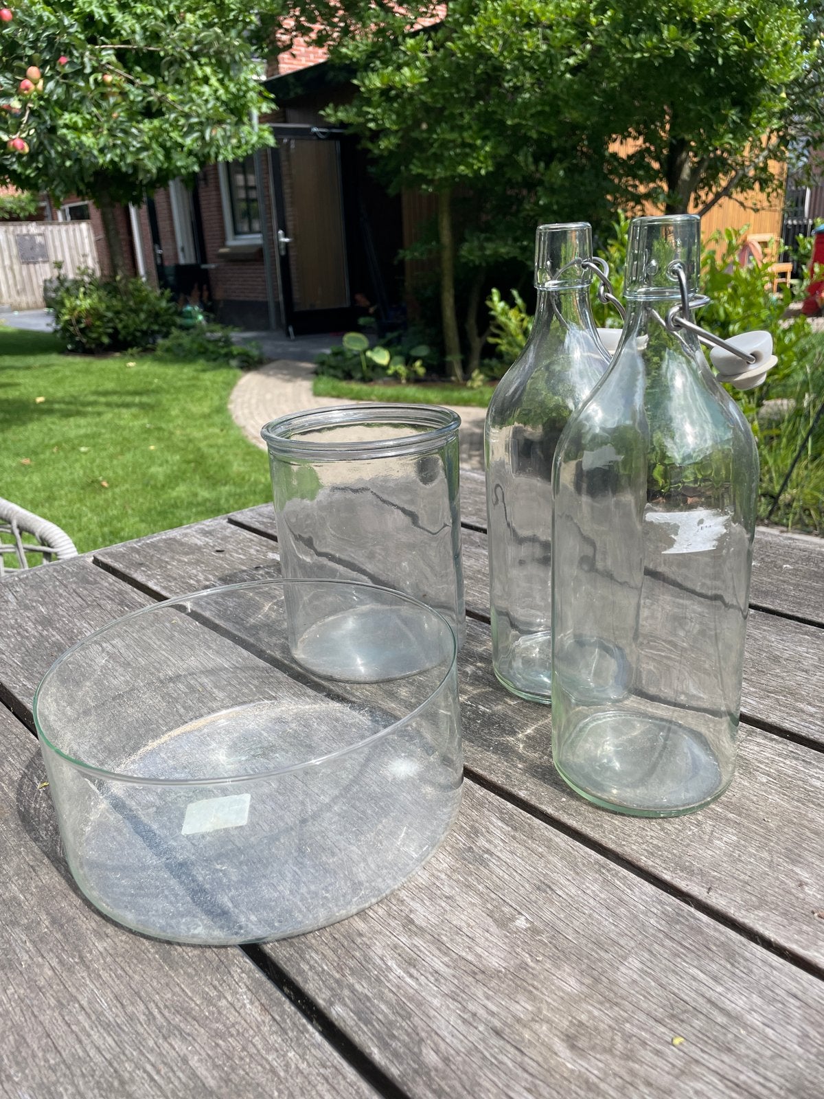Glazen vazen en flessen set - Decoratief en functioneel, Gebruikt, Transparant, Ophalen of Verzenden, Glas