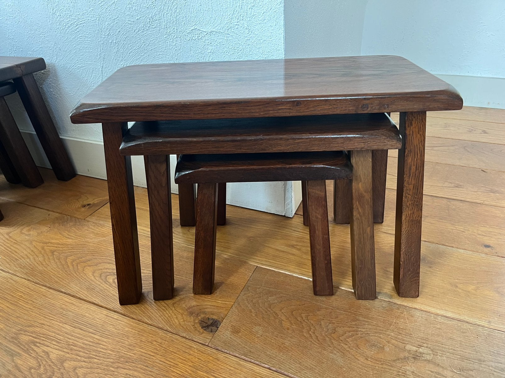 Drie nesting brutalist bijzettafels eiken oak robuust, Ophalen