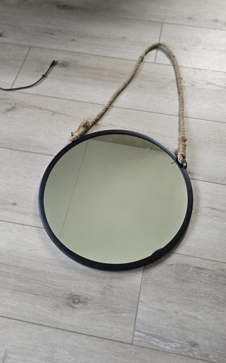 Ronde spiegel met touwophanging, Huis en Inrichting, Woonaccessoires | Spiegels, Ophalen, Rond, Zo goed als nieuw, Minder dan 100 cm