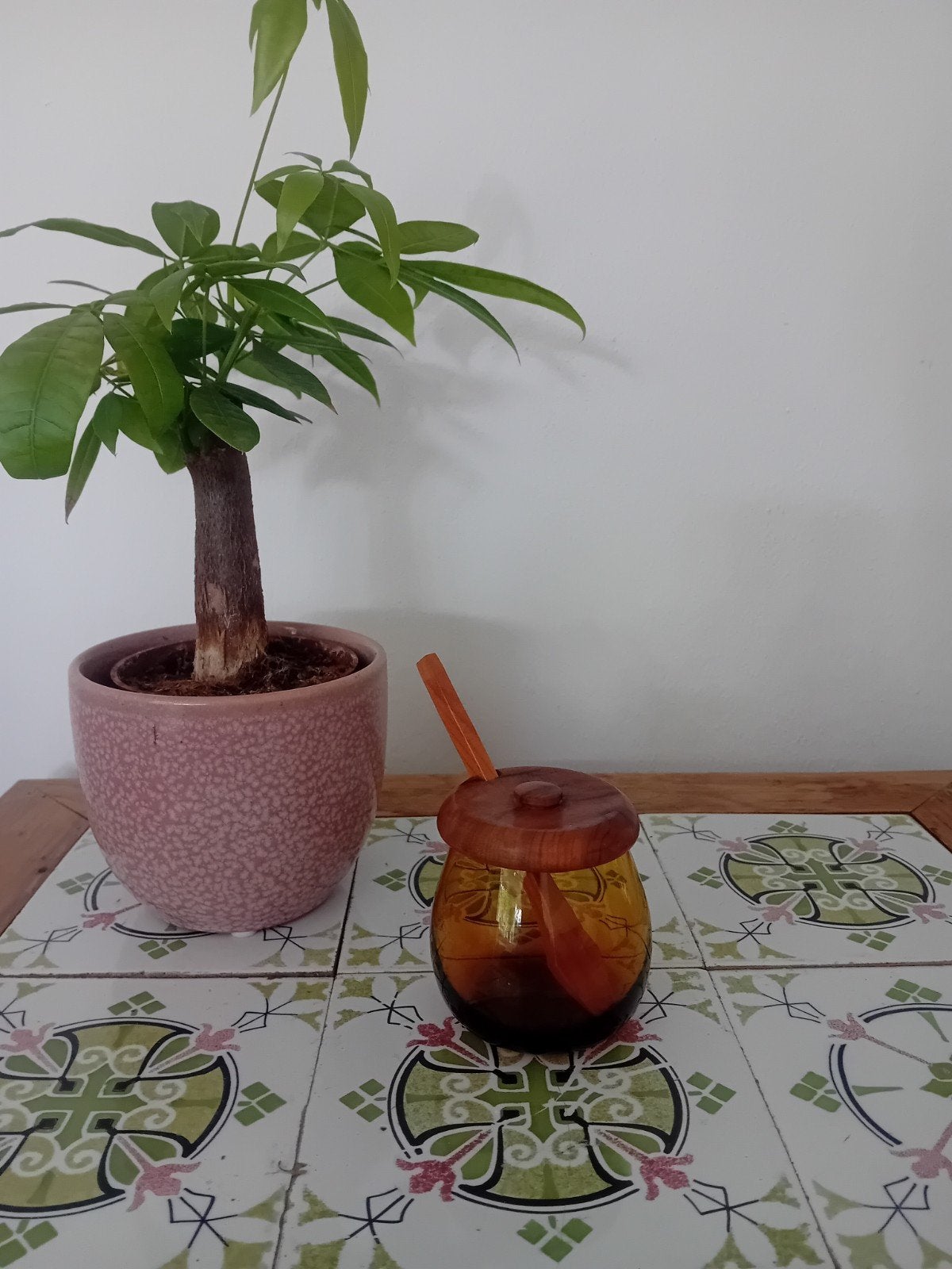 Vintage Honingpotje met Houten Lepel en Deksel, Ophalen of Verzenden