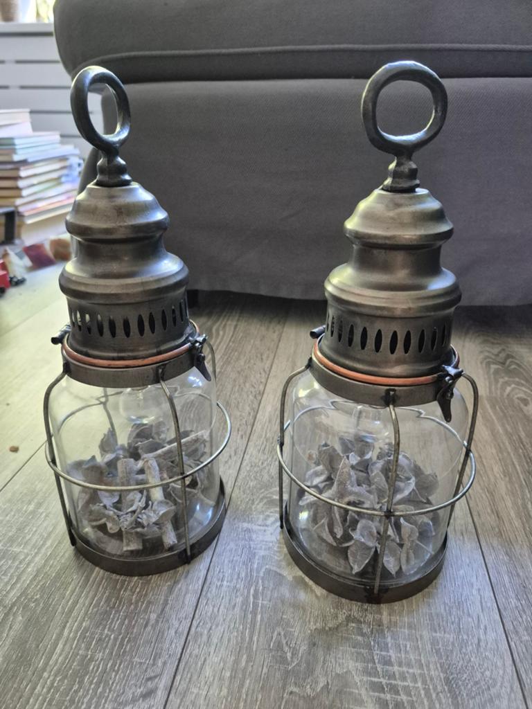 Set van 2 decoratieve lantaarns met LED-verlichting, Ophalen of Verzenden, Zo goed als nieuw, Vintage, Industrieel, Landelijk