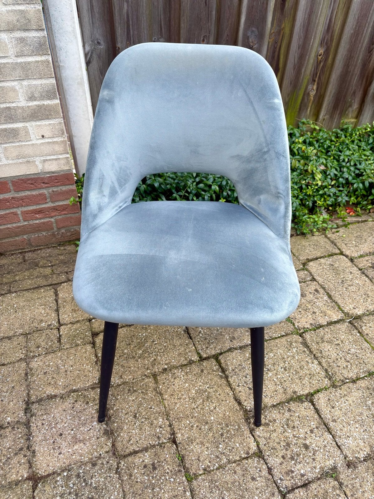 4 Stijlvolle fluwelen eetkamerstoelen  - grijs/blauw, Huis en Inrichting, Blauw, Ophalen of Verzenden, Zo goed als nieuw, Vier