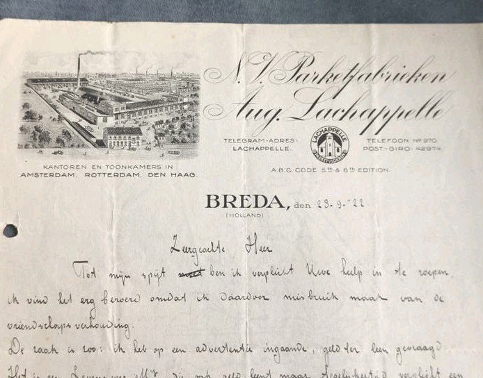 1922, BRIEF N.V. PARKETFABRIEKEN AUG. LACHAPPELLE, BREDA, Ophalen of Verzenden, Gebruikt, Overige typen
