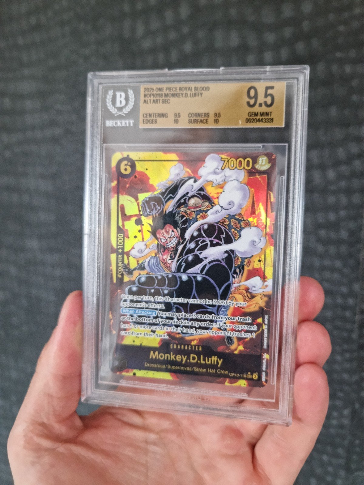 One Piece Card Game Monkey D. Luffy Alt Art SEC BGS 9.5, Ophalen, Zo goed als nieuw, Losse kaart