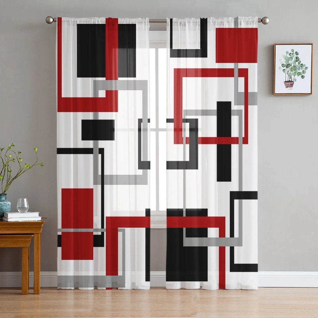 Geometrisch Wit Zwart Rood Grijs Gordijn Inbetween Abstract, Verzenden, Nieuw, Grijs, Gordijn