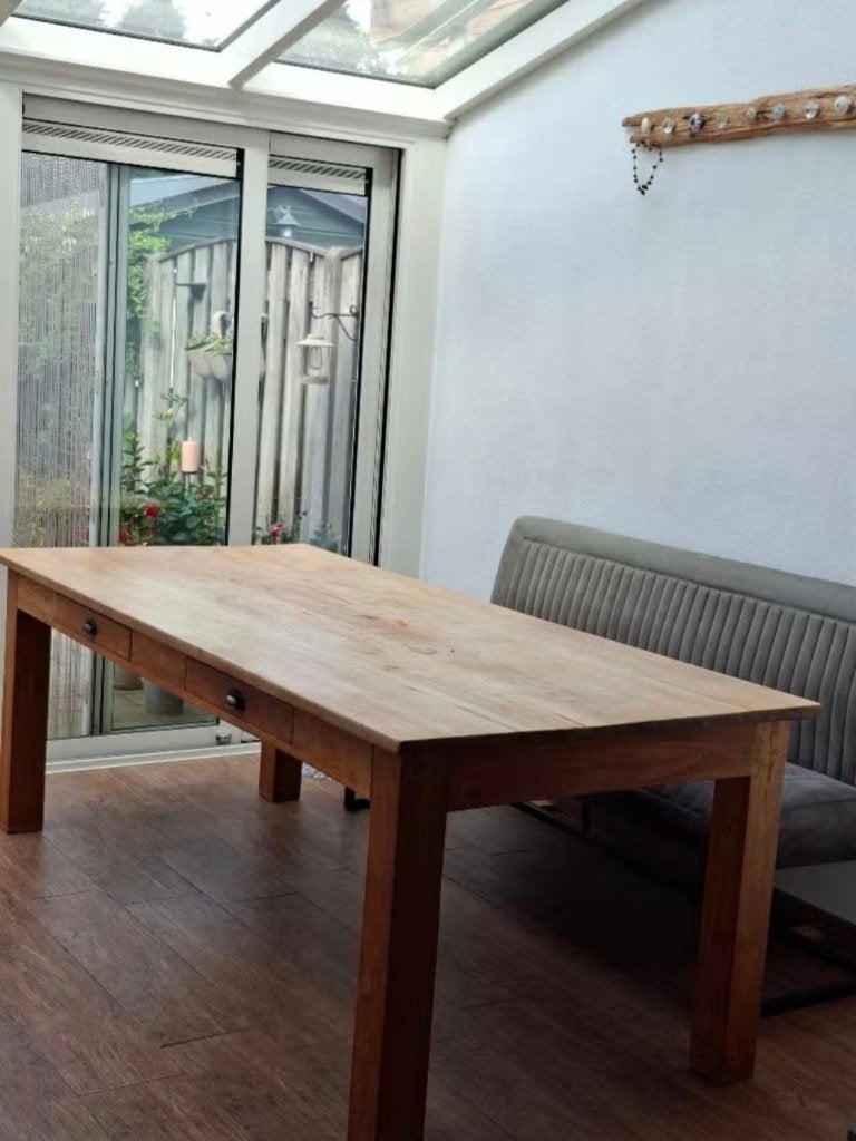 Eetkamertafel teak hout MOET WEG !!!, Huis en Inrichting, Ophalen, Gebruikt, 200 cm of meer, 50 tot 100 cm
