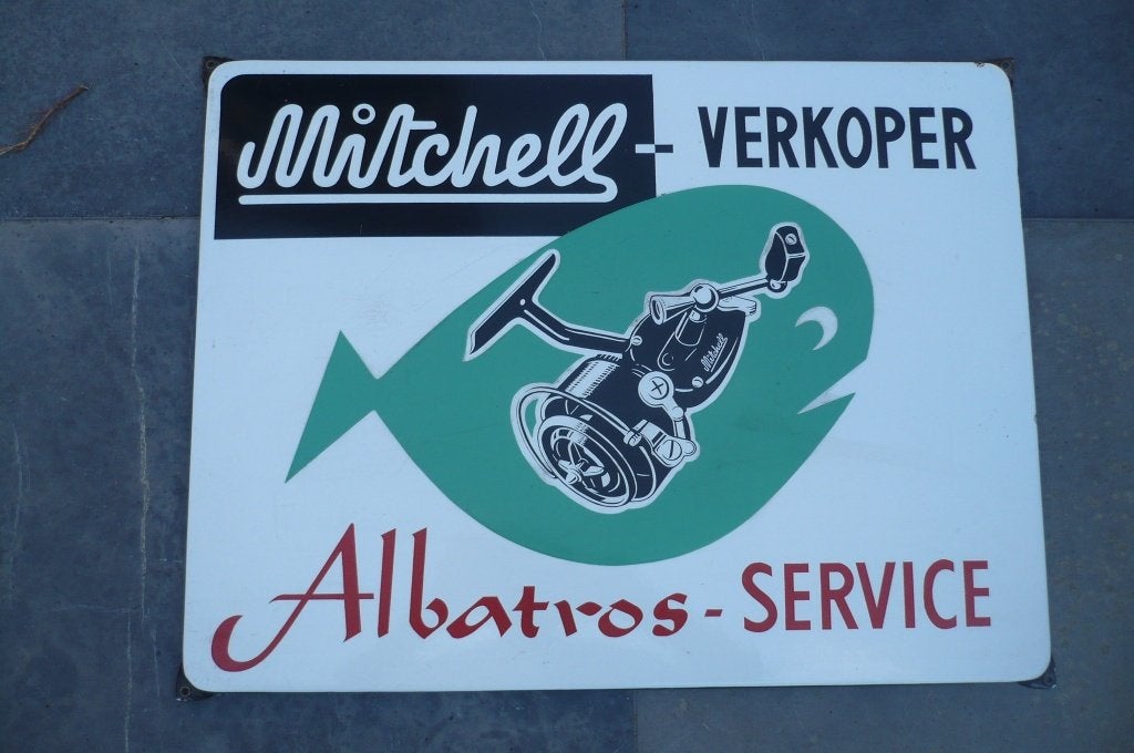 Emaille plaat hengelsport Mitchell  Albatros, Ophalen of Verzenden, Zo goed als nieuw, Overige typen