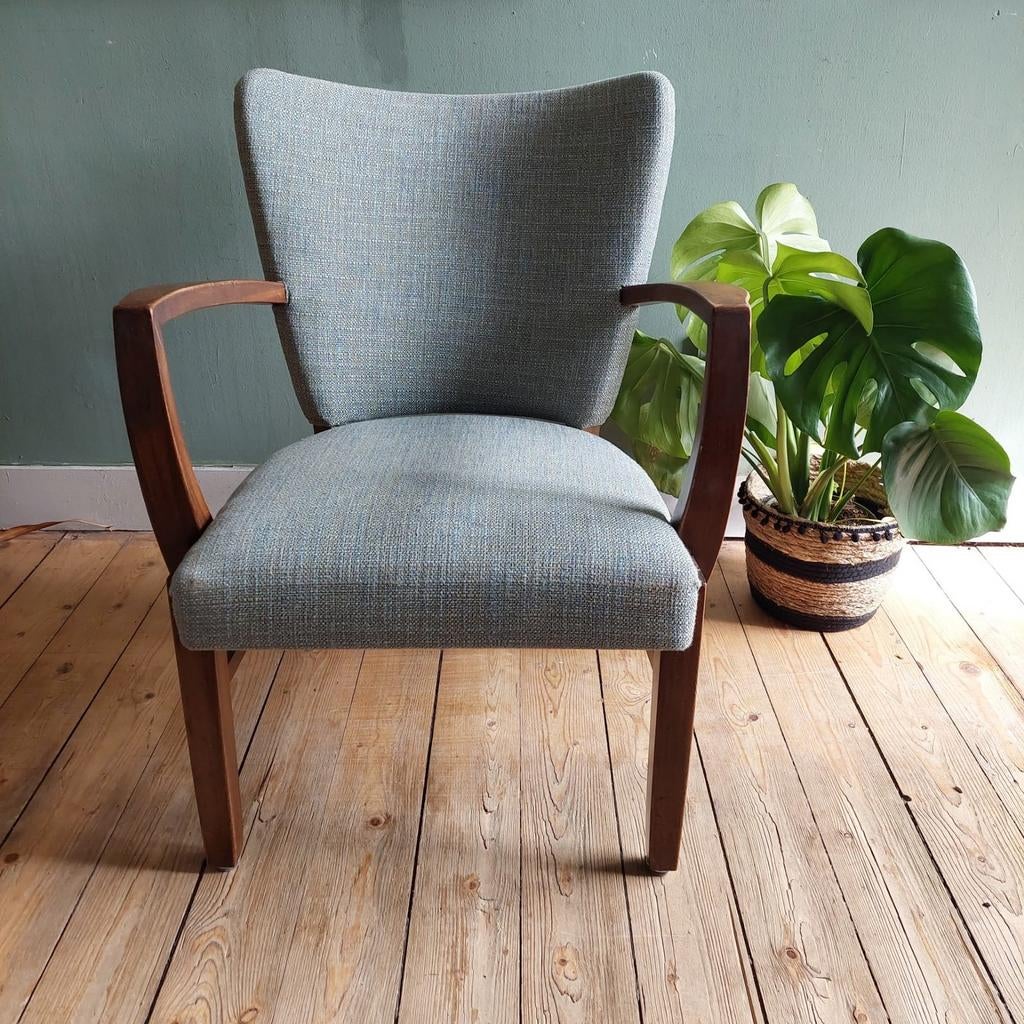 Lucky Vintage Deense stijl vintage stoel laag model, Huis en Inrichting, Ophalen, Deens, Blauw, .