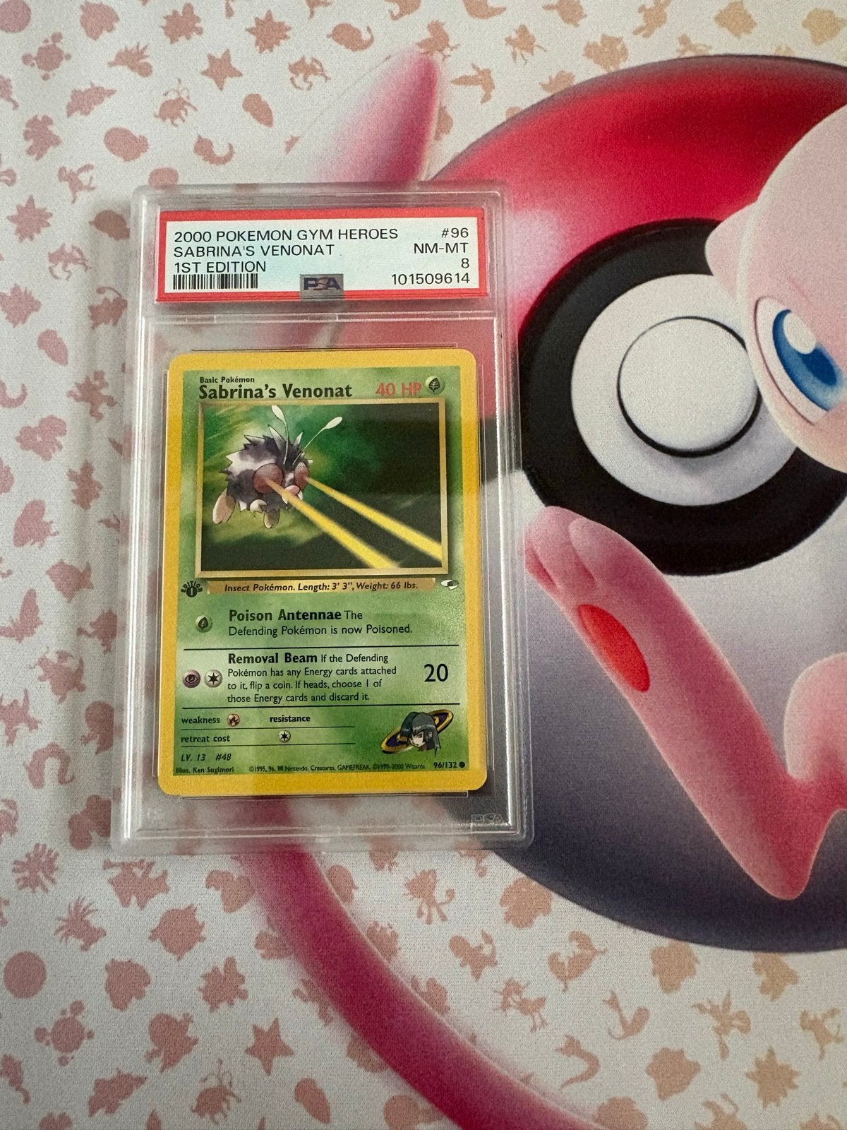 Sabrina's Venonat Pokémon Gym Heroes 1st Edition PSA 8, Ophalen of Verzenden, Zo goed als nieuw, Losse kaart