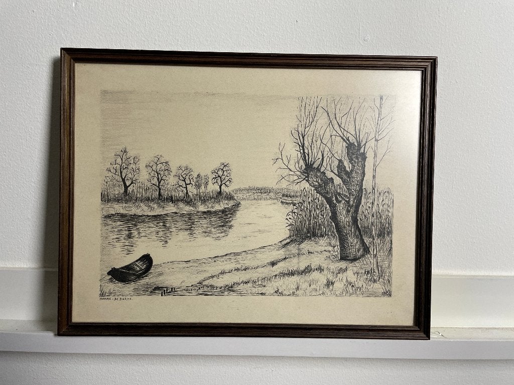 Hamme: de Durne - tekening rivier bij Lokeren en Hamme, Ophalen of Verzenden