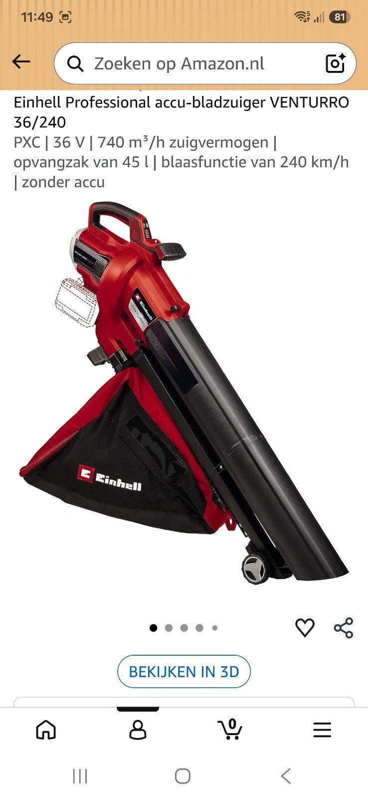 Einhell accu-bladzuiger VENTURRO 36/240 (zonder accu/lader), Ophalen, Met opvangzak, Einhell, Zo goed als nieuw