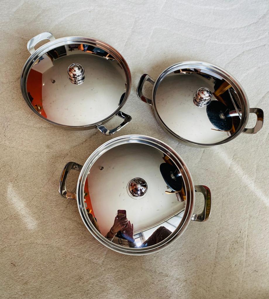 Gero Zilmeta vintage drie delige rvs dekschalenset, Ophalen of Verzenden, Gebruikt, Rvs, Overige typen