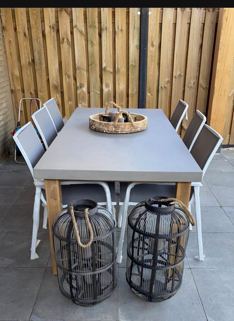 Stevige tuintafel met polystone blad en 6 stoelen, Ophalen, Gebruikt, Rechthoekig, Overige materialen