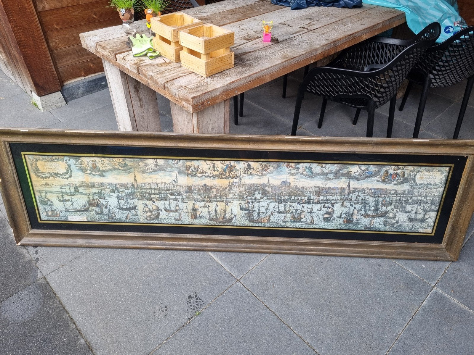 Ingelijste kaart/prent van Amsterdamse IJ, Antiek en Kunst, Ophalen, Kaart, Prent, Ingelijst