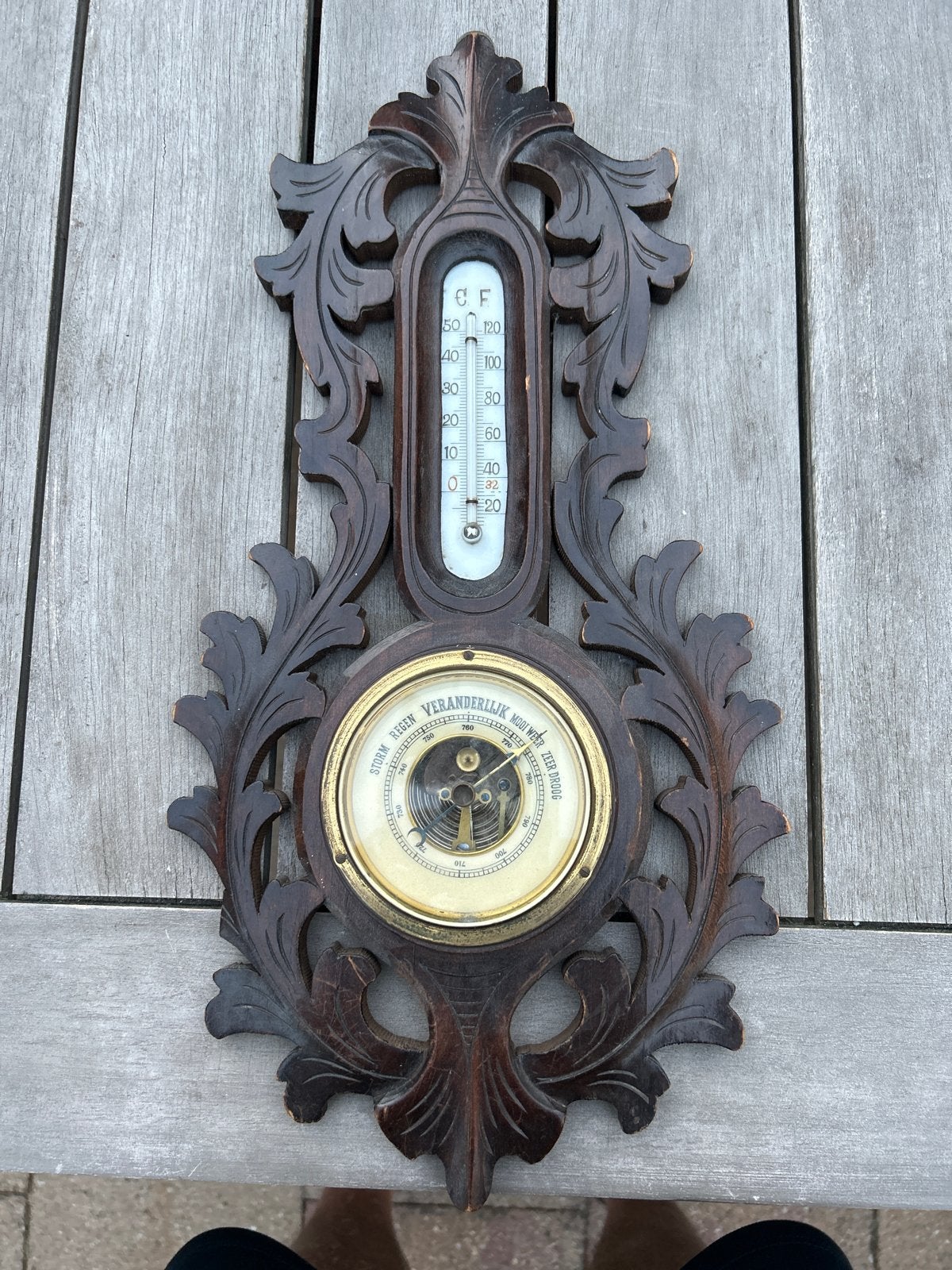 Antiek Weerstation met Barometer en Thermometer, Ophalen, Gebruikt, Weerstation