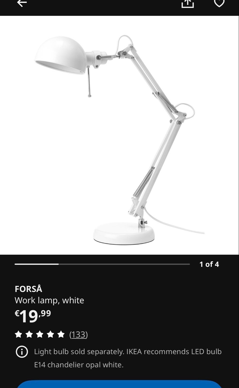 IKEA FORSÅ bureaulamp wit met extra LED lamp, Ophalen, Zo goed als nieuw, Metaal, 50 tot 75 cm