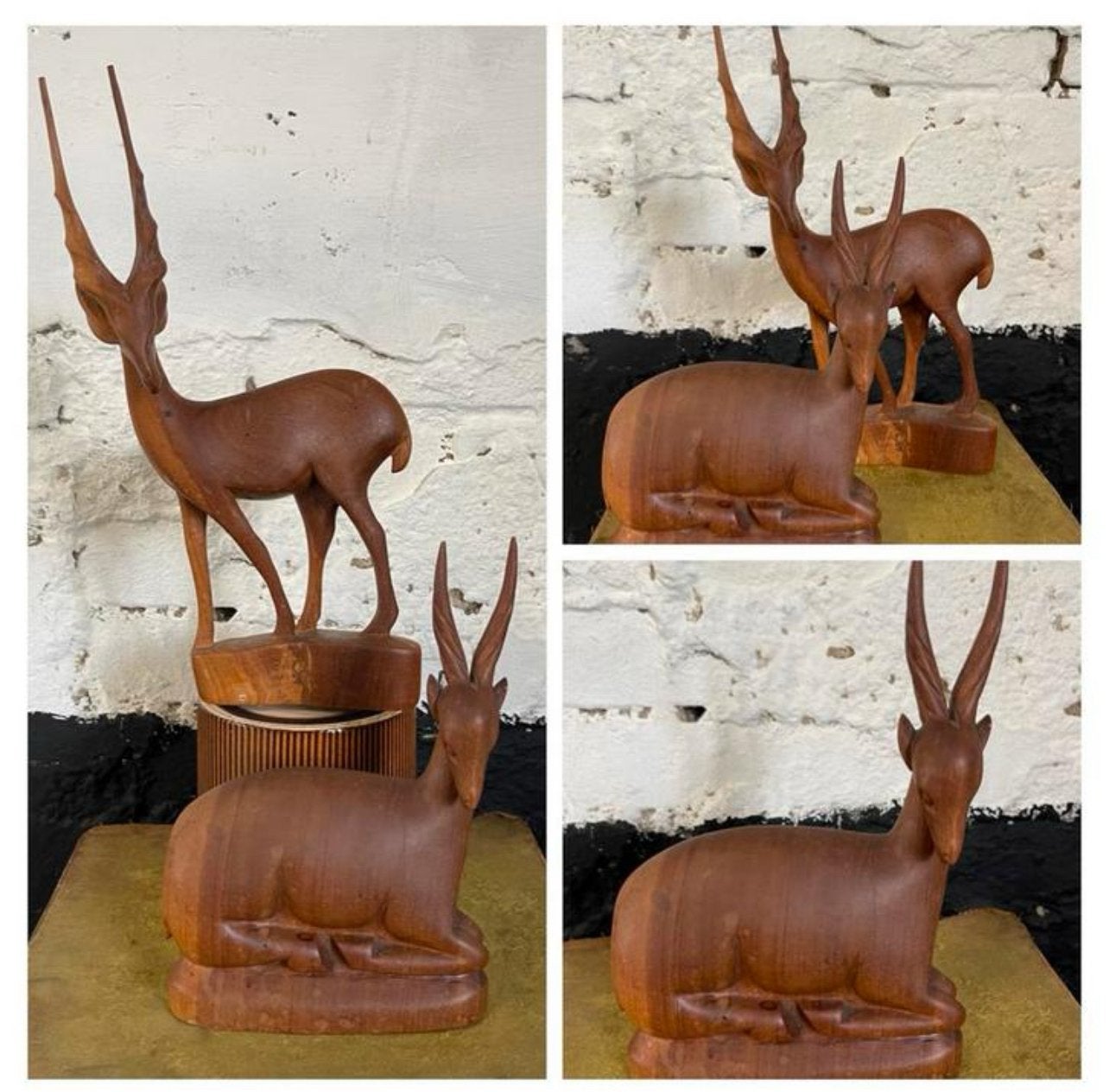 Set 2 vintage mid century teak herten gazelles houtsnijwerk, Houtsnijwerk, Minder dan 20 cm, Ophalen of Verzenden, Zoogdier