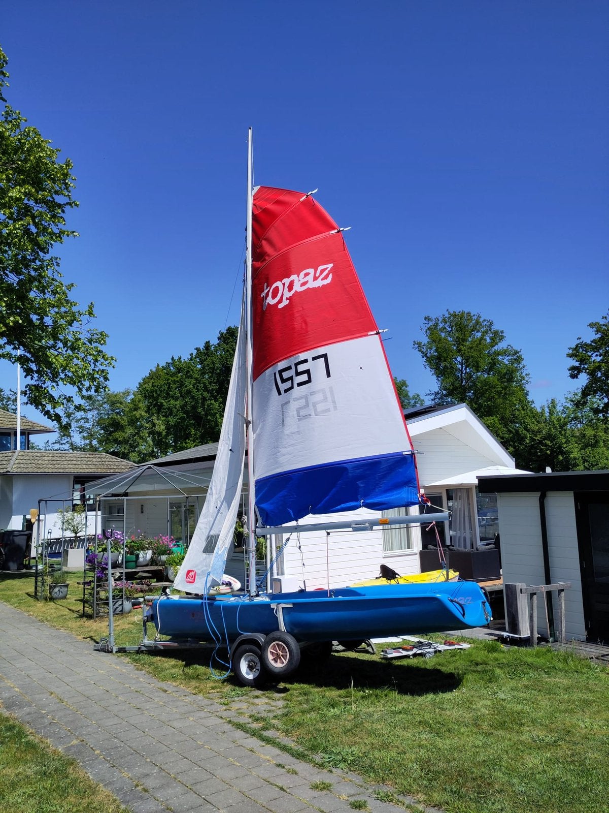 Zeilboot Topper Topaz, met strand-, en wegtrailer, Watersport en Boten, Ophalen, Fok, Zo goed als nieuw, Topaz