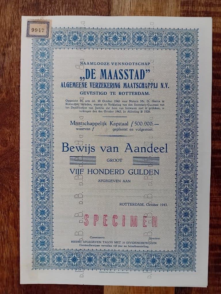 Specimen - De Maasstad Verzekering - Rotterdam 1943, Ophalen of Verzenden, 1920 tot 1950, Aandeel
