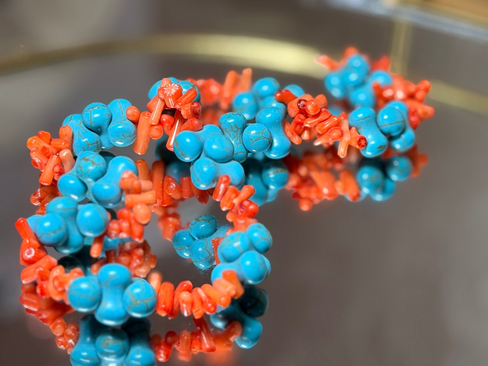 Unieke turquoise en koraal kralenketting, Overige materialen, Blauw, Ophalen of Verzenden, Zo goed als nieuw